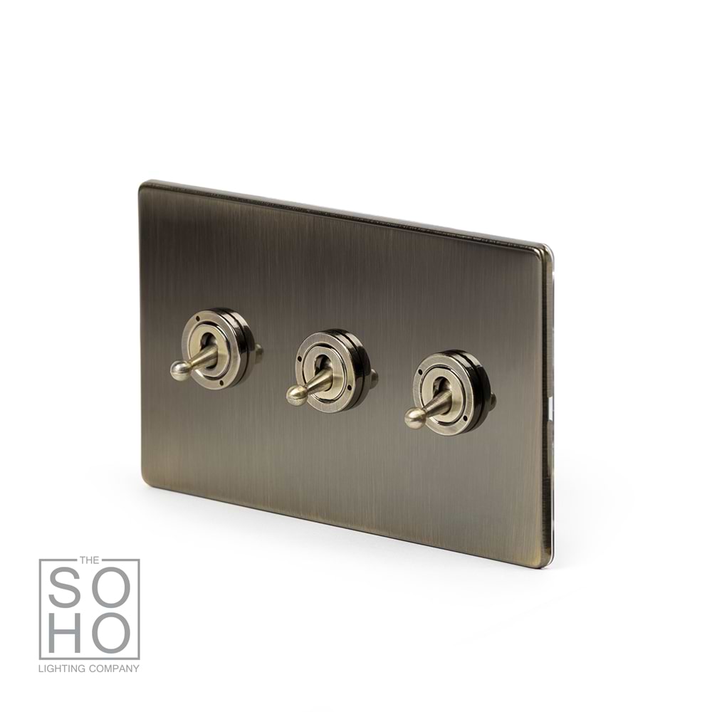 The Charterhouse Collection 3 Gang 2 Way Toggle Switch Screwless Antique Brass