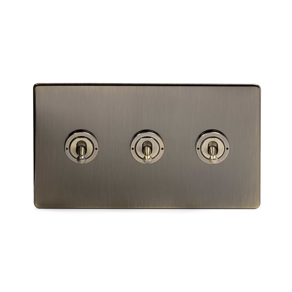The Charterhouse Collection 3 Gang 2 Way Toggle Switch Screwless Antique Brass
