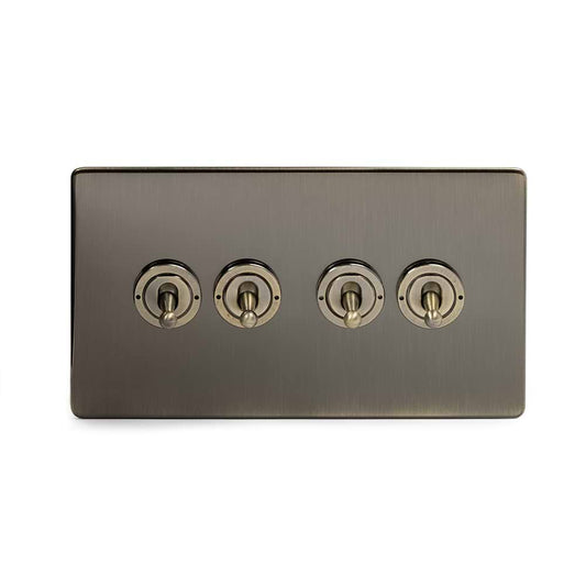 The Charterhouse Collection 4 Gang Intermediate Toggle Switch Screwless Antique Brass