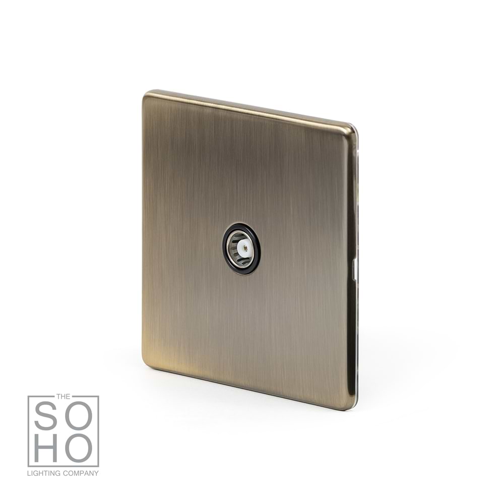 The Charterhouse Collection TV Coaxial Aerial Socket Black Ins Screwless Antique Brass