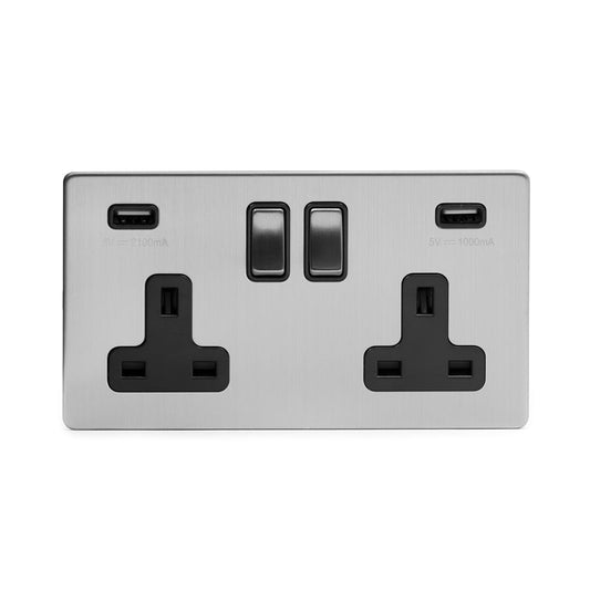 The Lombard Collection Brushed Chrome 2 Gang 13A SP Socket with 2 x USB-A 3.1A