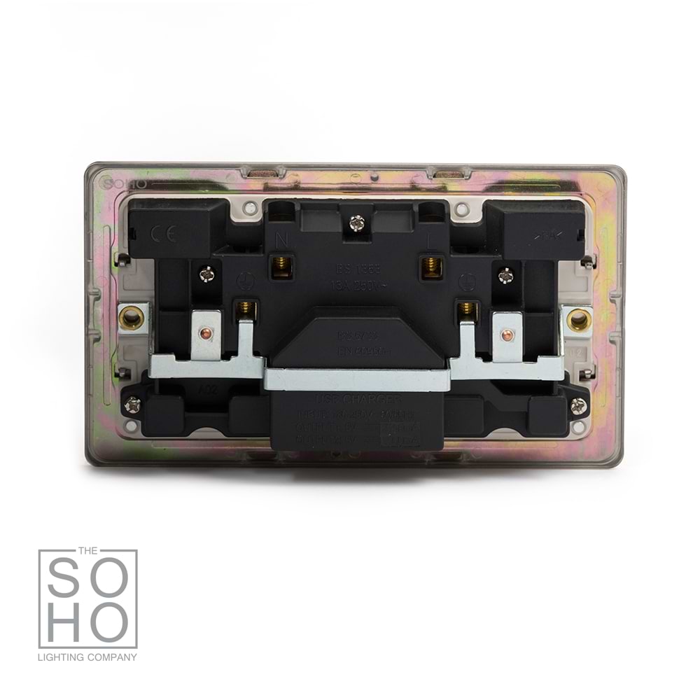 The Lombard Collection Brushed Chrome 2 Gang 13A SP Socket with 2 x USB-A 3.1A