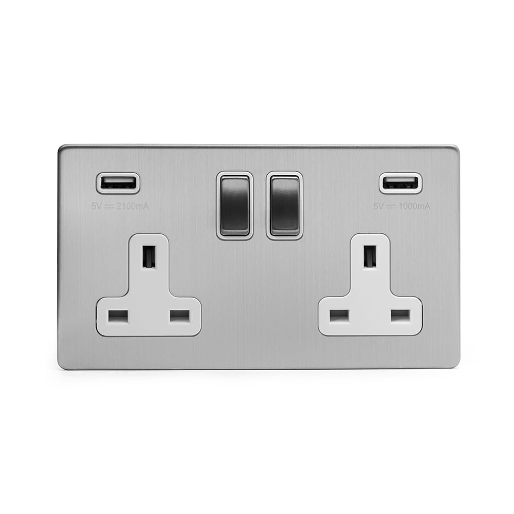 The Lombard Collection Brushed Chrome 2 Gang 13A SP Socket with 2 x USB-A 3.1A