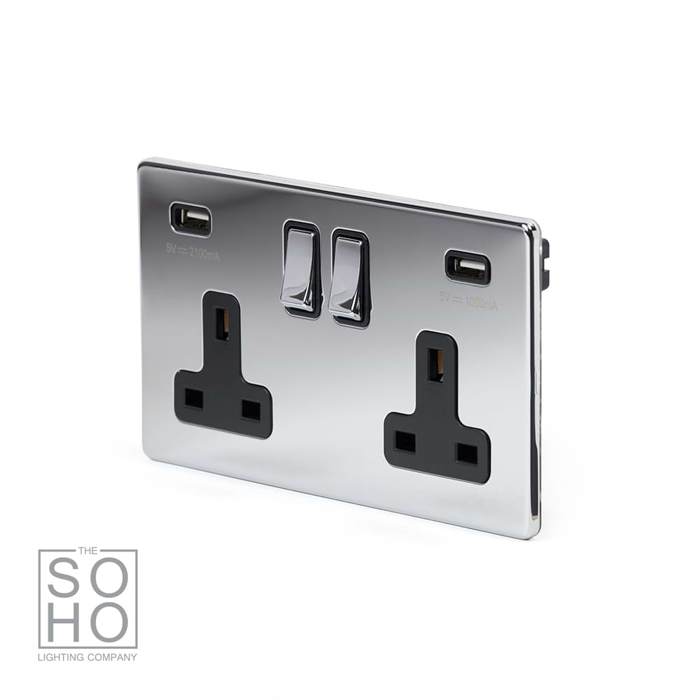The Finsbury Collection Polished Chrome 2 Gang 13A SP Socket with 2 x USB-A 3.1A