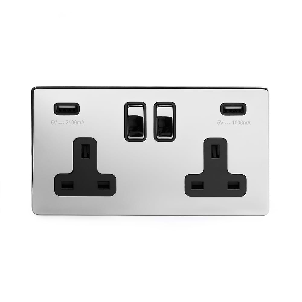 The Finsbury Collection Polished Chrome 2 Gang 13A SP Socket with 2 x USB-A 3.1A
