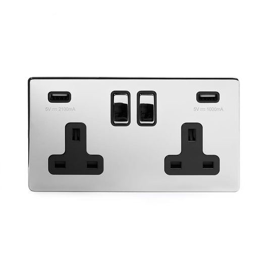 The Finsbury Collection Polished Chrome 2 Gang 13A SP Socket with 2 x USB-A 3.1A