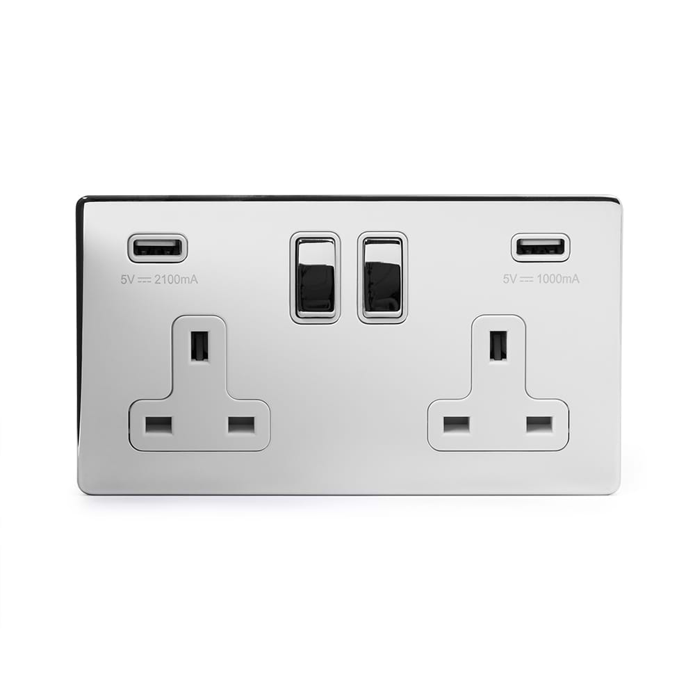 The Finsbury Collection Polished Chrome 2 Gang 13A SP Socket with 2 x USB-A 3.1A