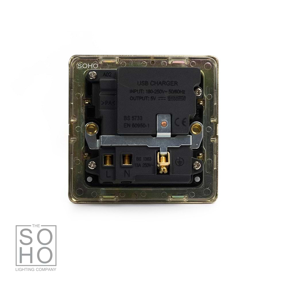The Savoy Collection Brushed Brass 1 Gang 13A DP Socket with USB-A 2.1A