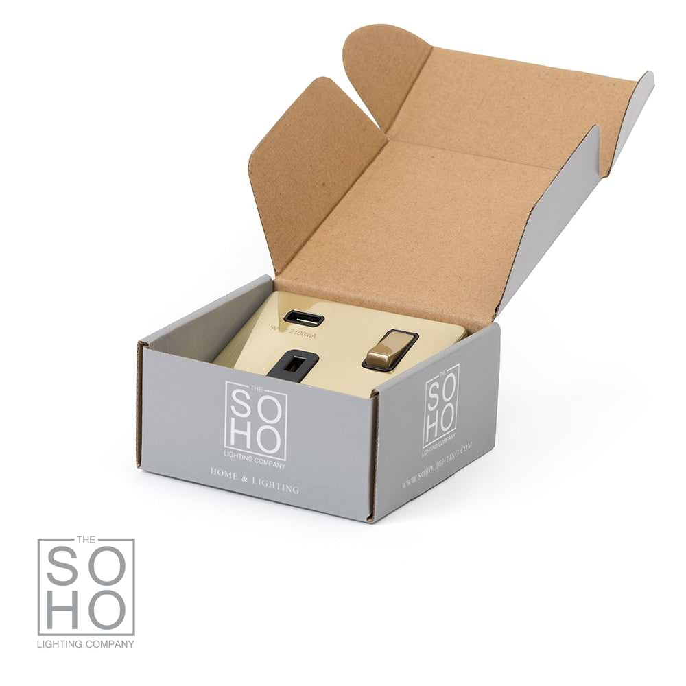 The Savoy Collection Brushed Brass 1 Gang 13A DP Socket with USB-A 2.1A