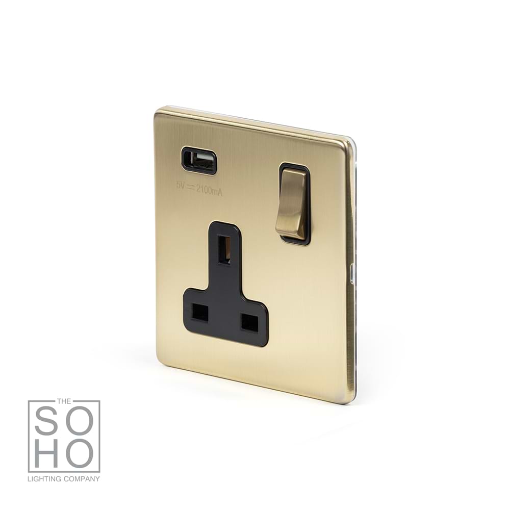 The Savoy Collection Brushed Brass 1 Gang 13A DP Socket with USB-A 2.1A