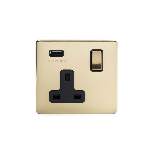 The Savoy Collection Brushed Brass 1 Gang 13A DP Socket with USB-A 2.1A