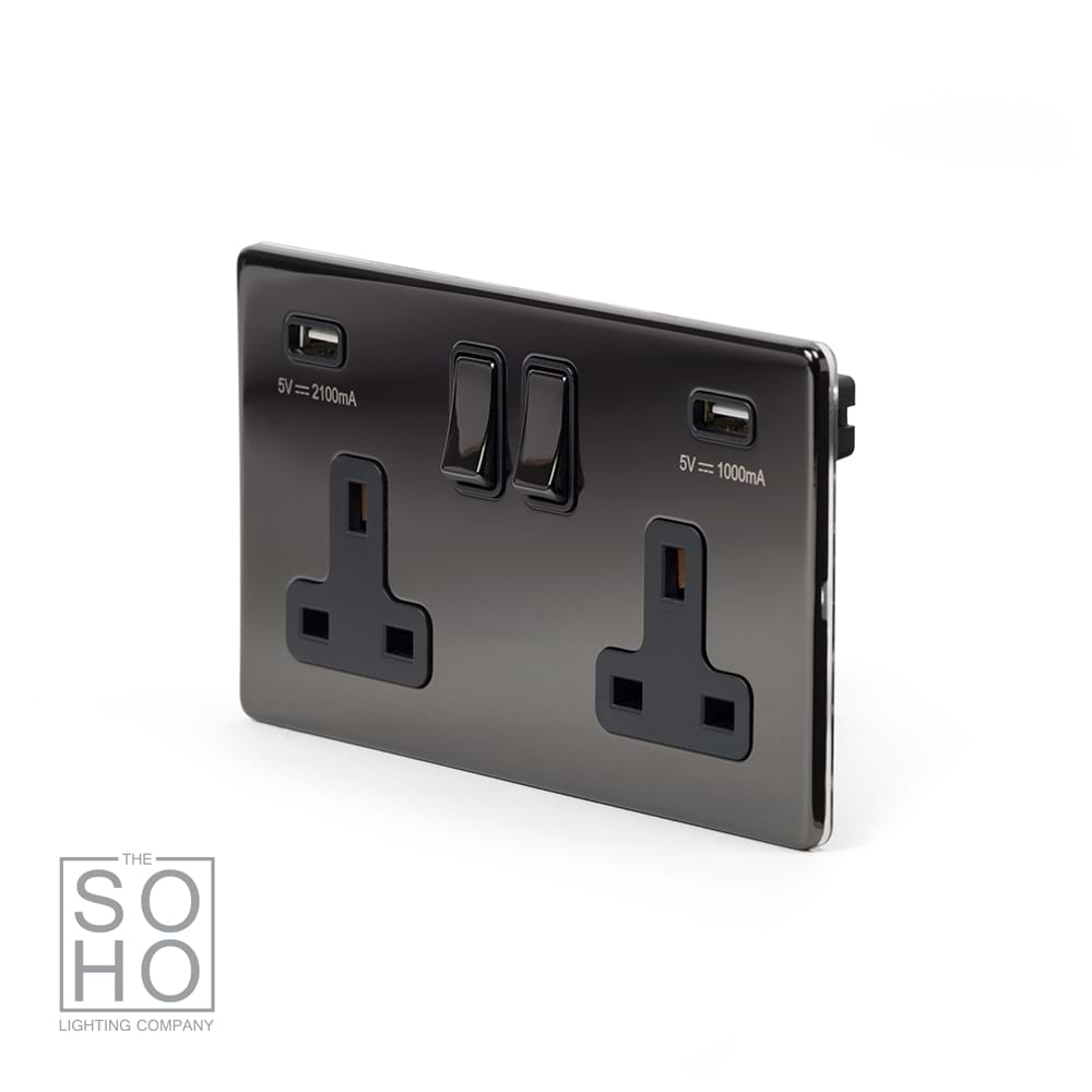 The Connaught Collection Black Nickel 2 Gang 13A SP Socket with 2 x USB-A 3.1A