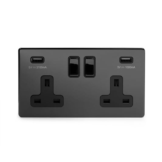 The Connaught Collection Black Nickel 2 Gang 13A SP Socket with 2 x USB-A 3.1A