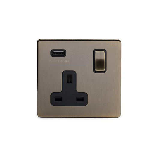 The Charterhouse Collection 1 Gang 13A DP Socket with USB-A 2.1A Antique Brass