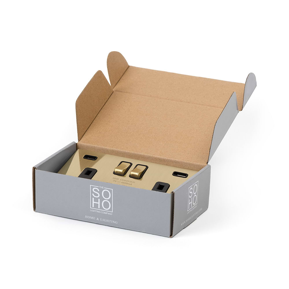 The Savoy Collection Brushed Brass 2 Gang 13A DP Socket with 2 x USB-A 4.8A