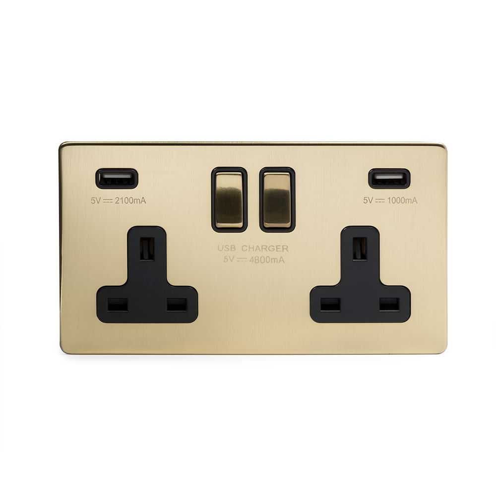 The Savoy Collection Brushed Brass 2 Gang 13A DP Socket with 2 x USB-A 4.8A