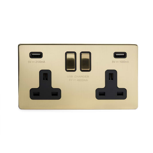 The Savoy Collection Brushed Brass 2 Gang 13A DP Socket with 2 x USB-A 4.8A