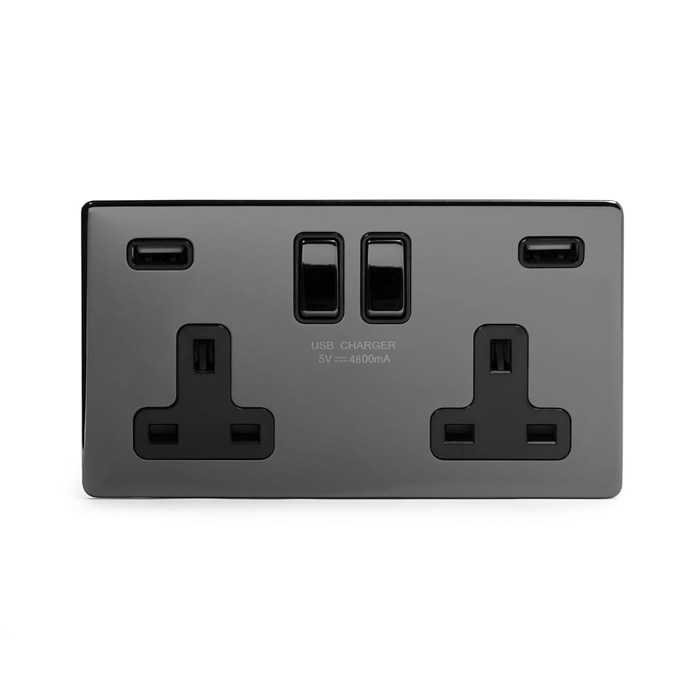 The Connaught Collection Black Nickel 2 Gang 13A DP Socket with 2 x USB-A 4.8A
