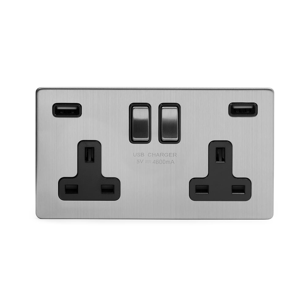 The Lombard Collection Brushed Chrome 2 Gang 13A DP Socket with 2 x USB-A 4.8A
