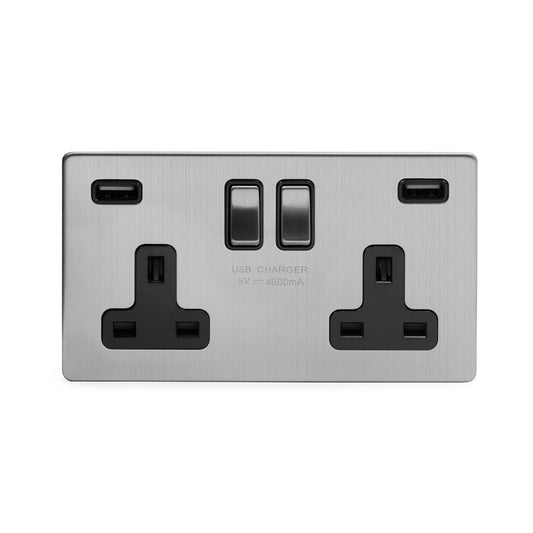 The Lombard Collection Brushed Chrome 2 Gang 13A DP Socket with 2 x USB-A 4.8A