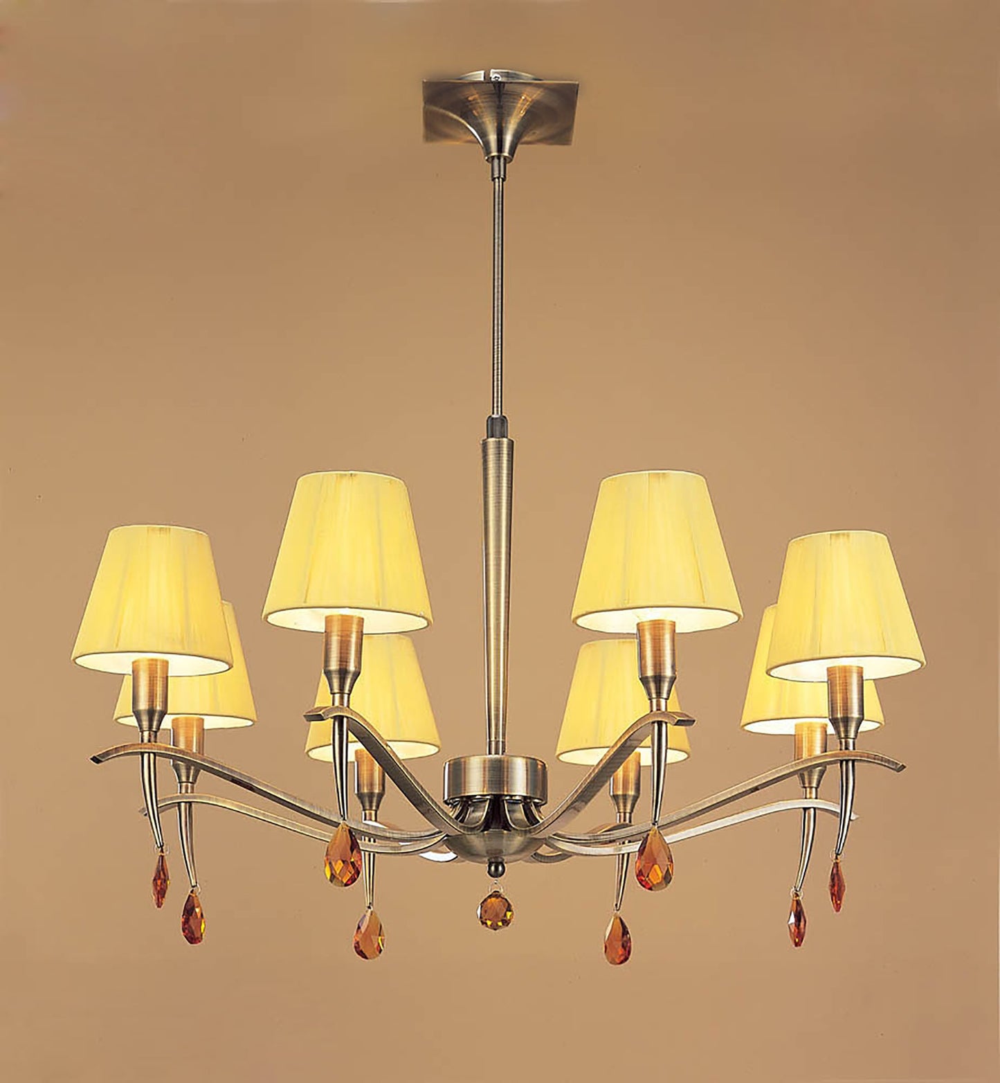 Siena Pendant Round 8 Light E14, Antique Brass With Amber Cream Shades And Amber Crystal by Mantra