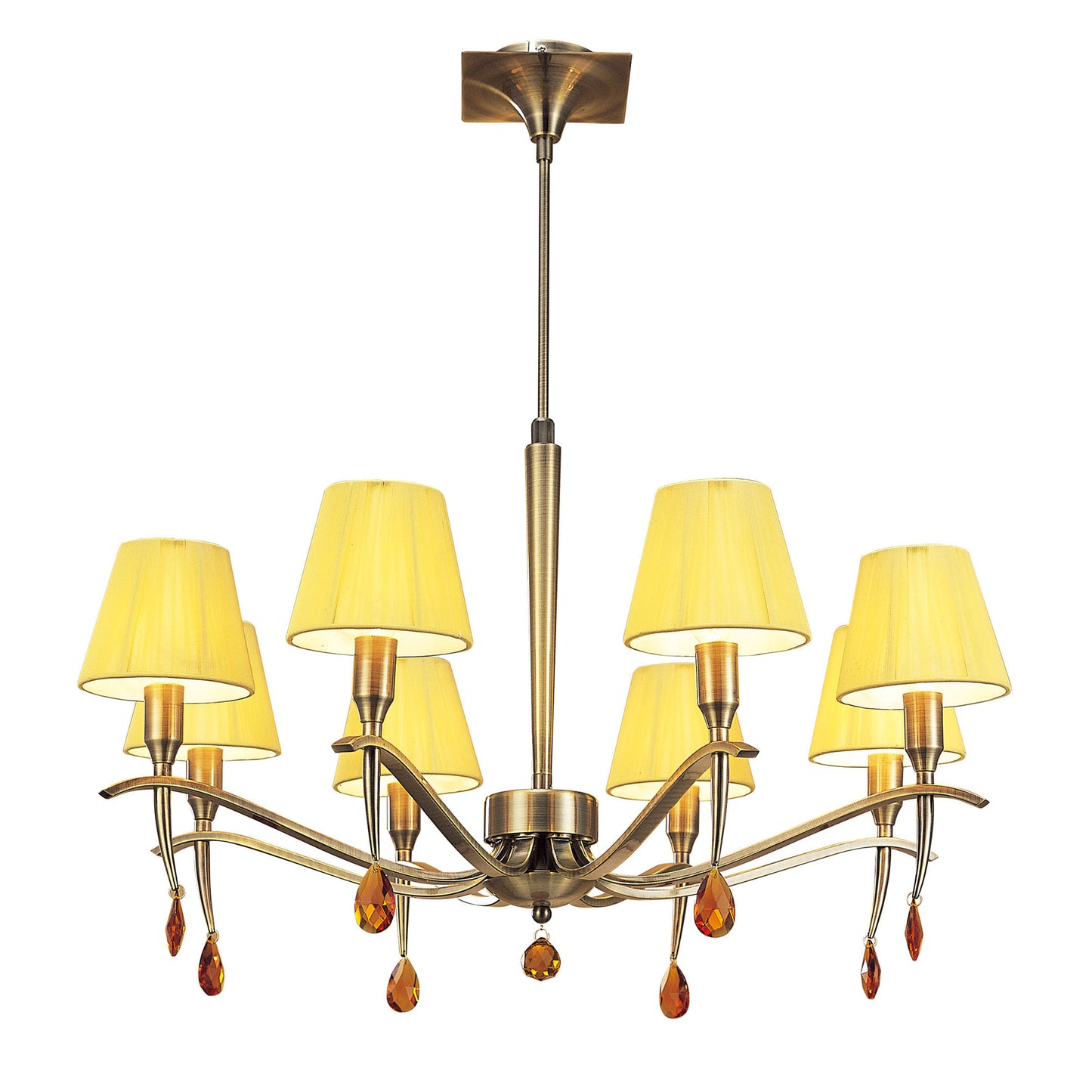 Siena Pendant Round 8 Light E14, Antique Brass With Amber Cream Shades And Amber Crystal by Mantra