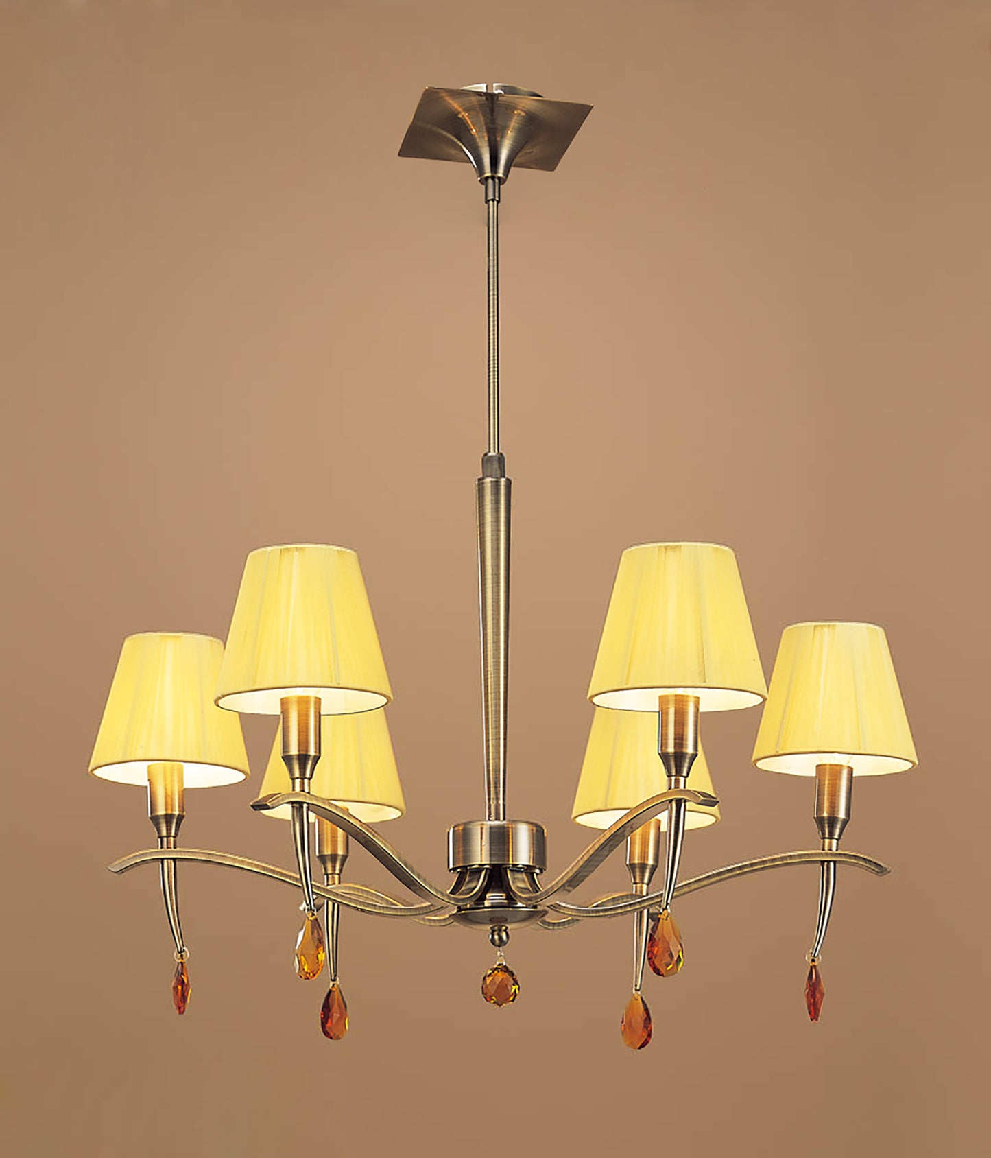 Siena Pendant Round 6 Light E14, Antique Brass With Amber Cream Shades And Amber Crystal by Mantra