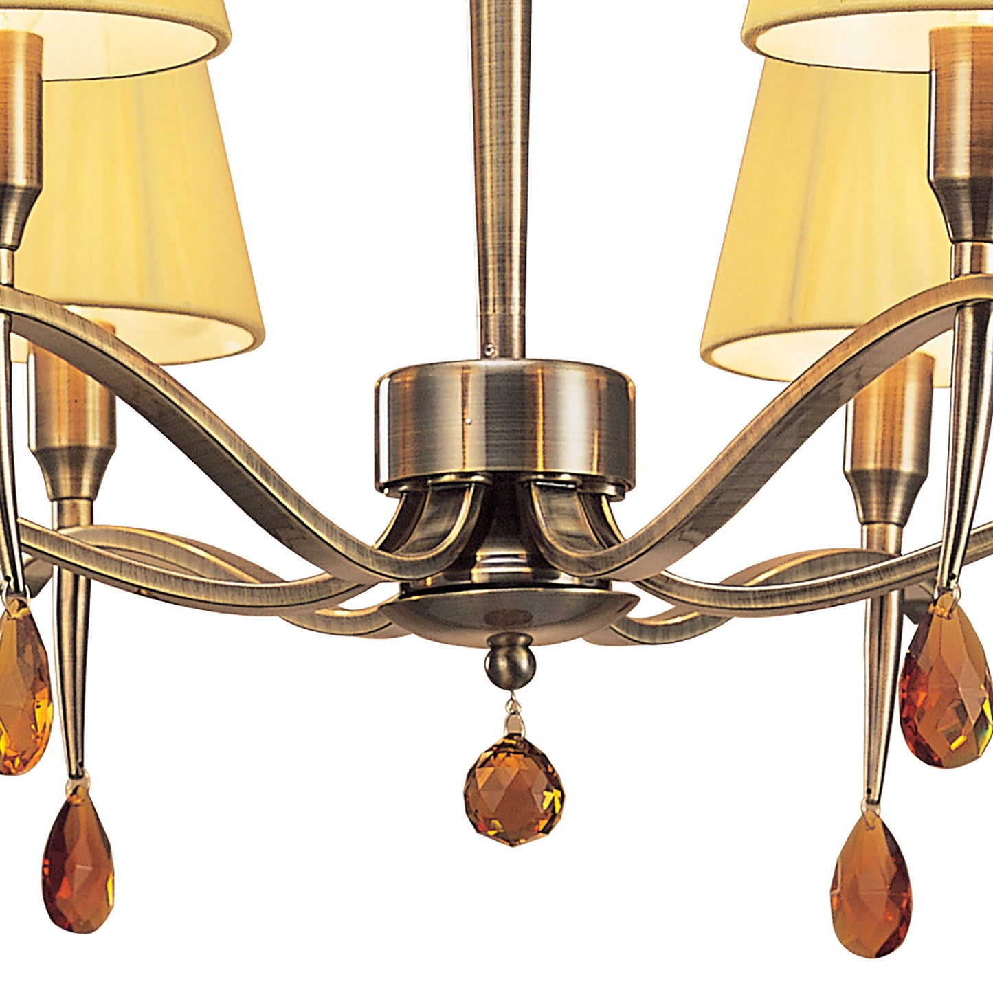 Siena Pendant Round 6 Light E14, Antique Brass With Amber Cream Shades And Amber Crystal by Mantra