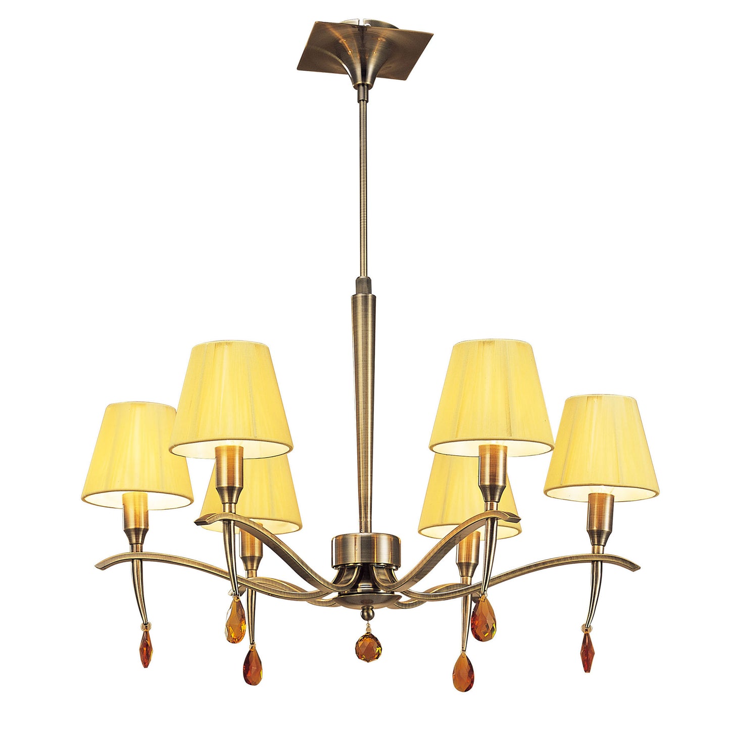 Siena Pendant Round 6 Light E14, Antique Brass With Amber Cream Shades And Amber Crystal by Mantra