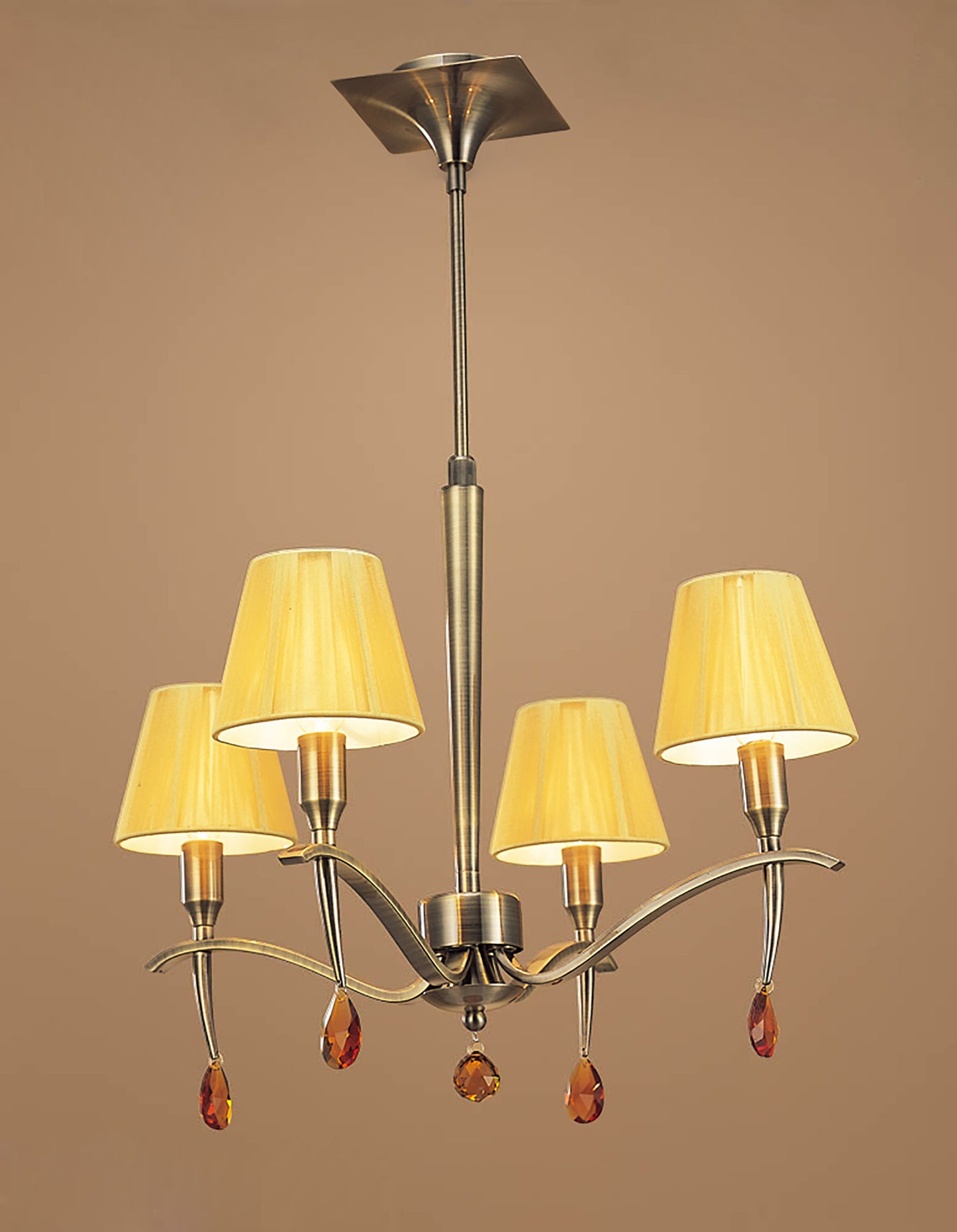 Siena Pendant Round 4 Light E14, Antique Brass With Amber Cream Shades And Amber Crystal by Mantra