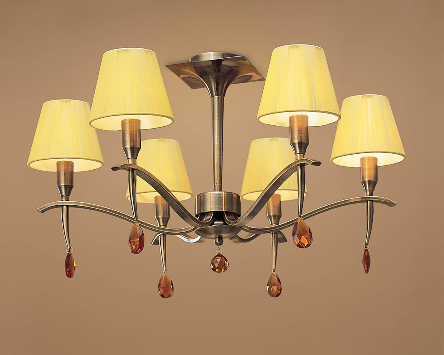 Siena Semi Flush Round 6 Light E14, Antique Brass With Amber Cream Shades And Amber Crystal by Mantra