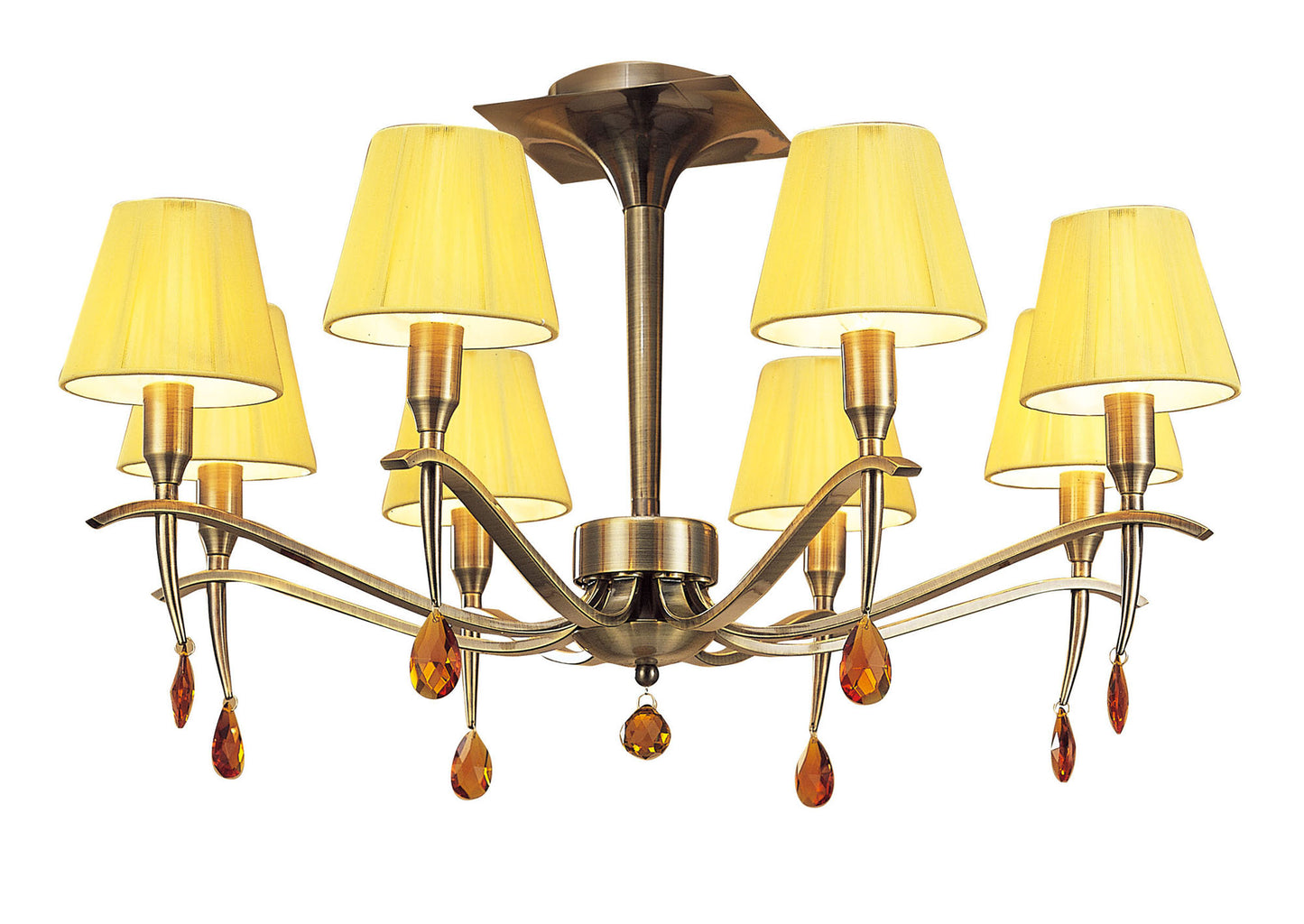 Siena Semi Flush Round 6 Light E14, Antique Brass With Amber Cream Shades And Amber Crystal by Mantra