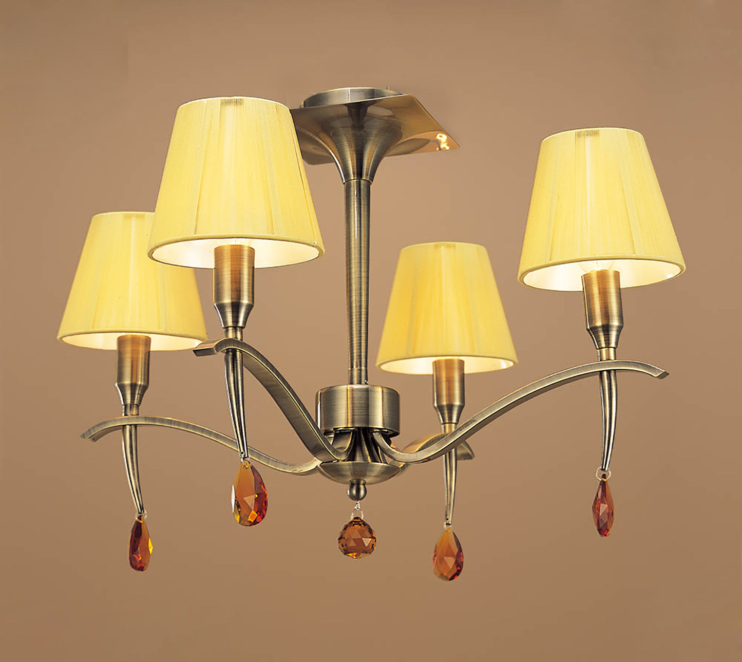 Siena Semi Flush Round 4 Light E14, Antique Brass With Amber Cream Shades And Amber Crystal by Mantra