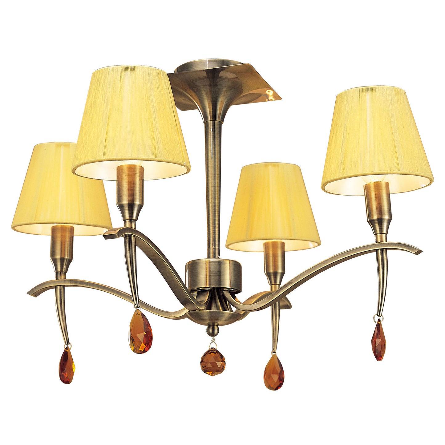 Siena Semi Flush Round 4 Light E14, Antique Brass With Amber Cream Shades And Amber Crystal by Mantra