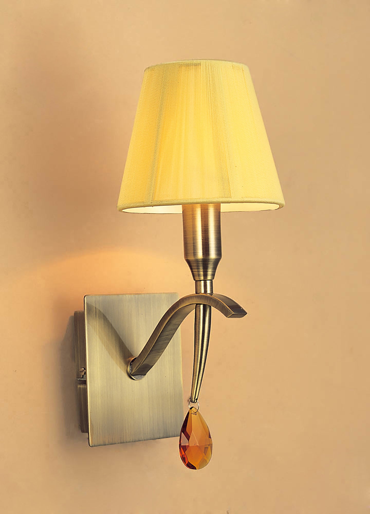 Siena Wall Lamp Switched 1 Light E14, Antique Brass With Amber Cream Shade And Amber Crystal by Mantra