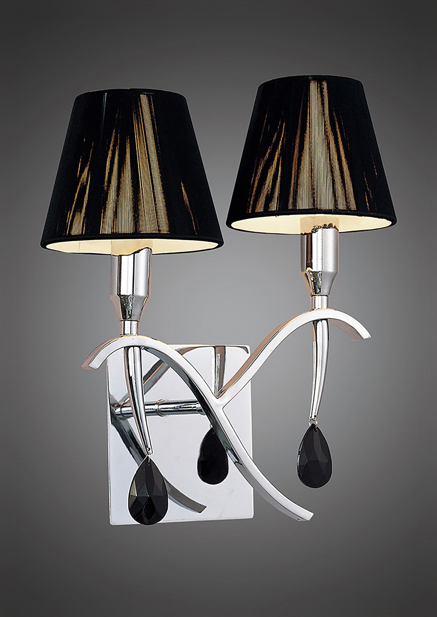 Siena Wall Lamp Switched 2 Light E14, Polished Chrome With Black Shades And Black Crystal by Mantra