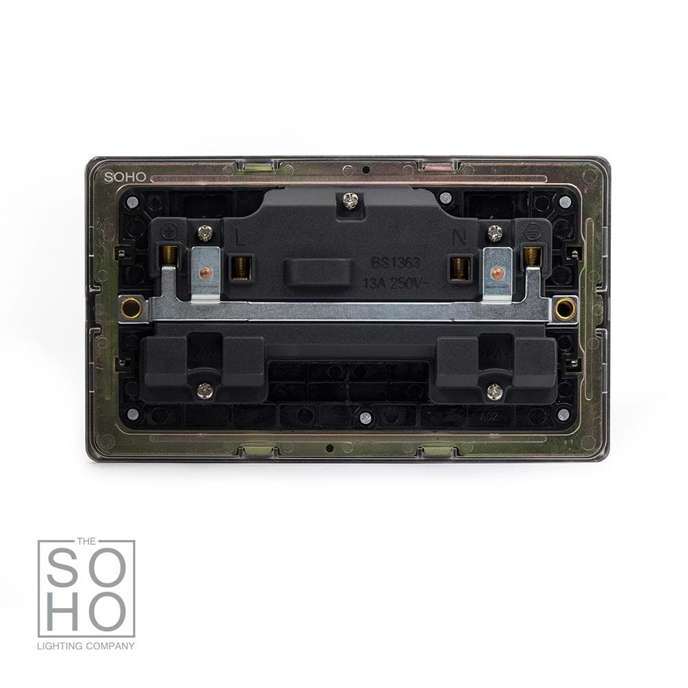 Soho Lighting Bronze & Brushed Brass 13A 2 Gang Switched Socket, DP Black Inserts Screwless