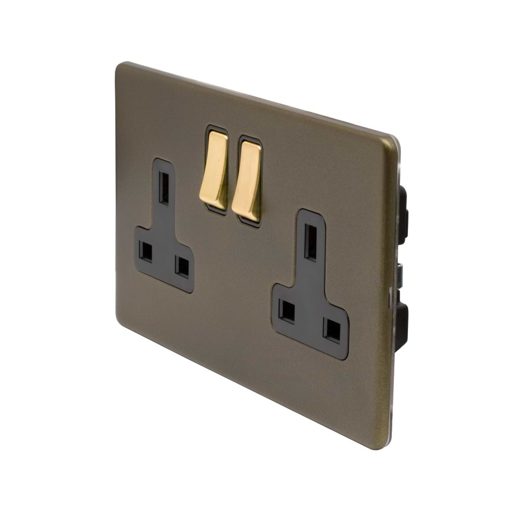 Soho Lighting Bronze & Brushed Brass 13A 2 Gang Switched Socket, DP Black Inserts Screwless