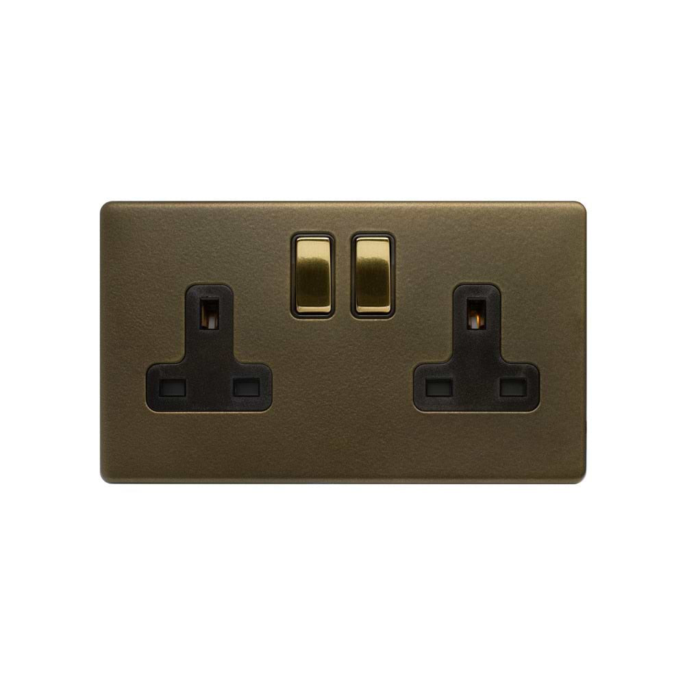 Soho Lighting Bronze & Brushed Brass 13A 2 Gang Switched Socket, DP Black Inserts Screwless