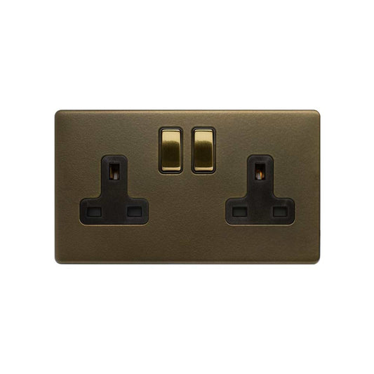 Soho Lighting Bronze & Brushed Brass 13A 2 Gang Switched Socket, DP Black Inserts Screwless