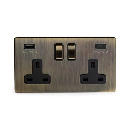 The Charterhouse Collection 2 Gang USB  A+C Socket (13A Socket + 2 USB Ports A+C 3.1A) Black Inserts Antique Brass