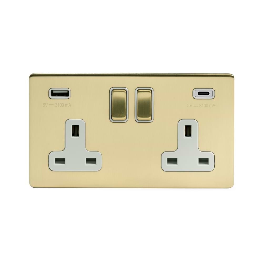 The Savoy Collection Brushed Brass 2 Gang USB A + C Socket (13A Socket + 2 USB Ports A+C 3.1A) Wht Ins Screwless