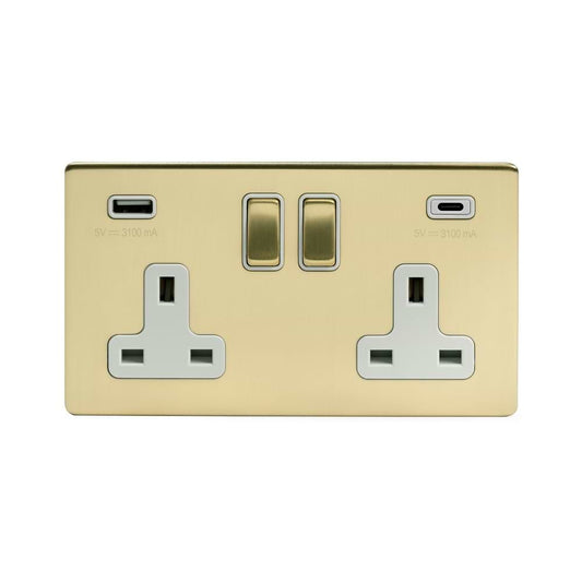 The Savoy Collection Brushed Brass 2 Gang USB A + C Socket (13A Socket + 2 USB Ports A+C 3.1A) Wht Ins Screwless