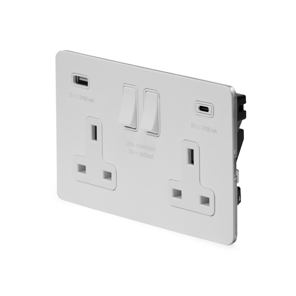 The Eldon Collection White Metal Flat Plate 2 Gang USB A+C Socket (13A Socket + 2 USB Ports A+C 3.1A)