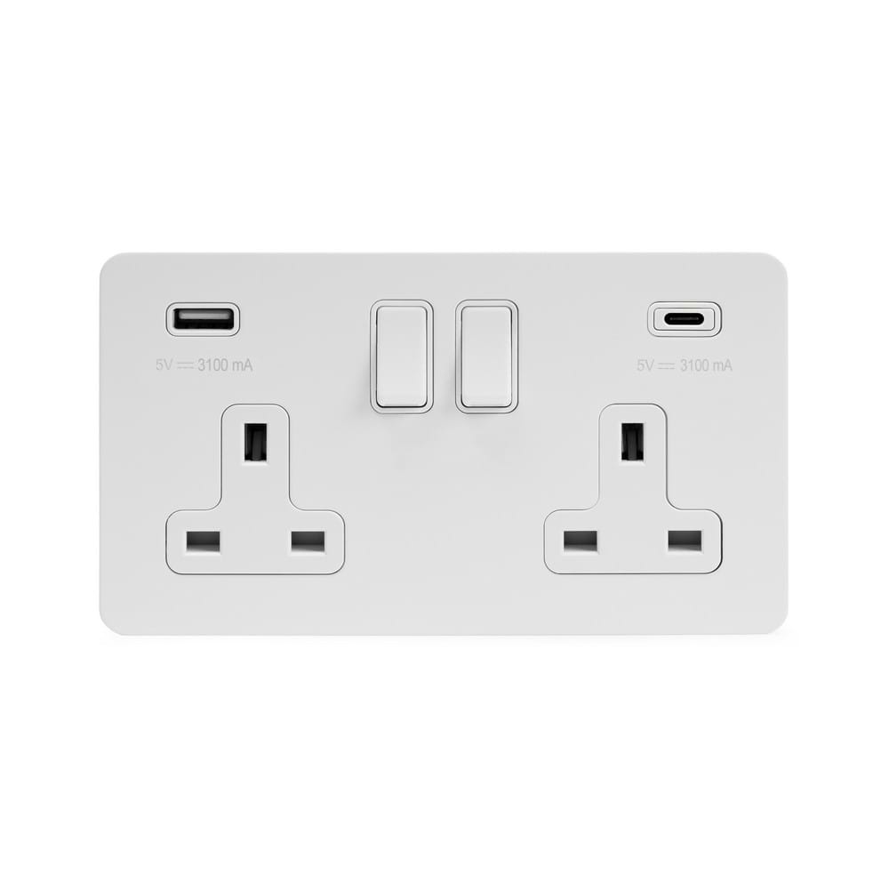 The Eldon Collection White Metal Flat Plate 2 Gang USB A+C Socket (13A Socket + 2 USB Ports A+C 3.1A)