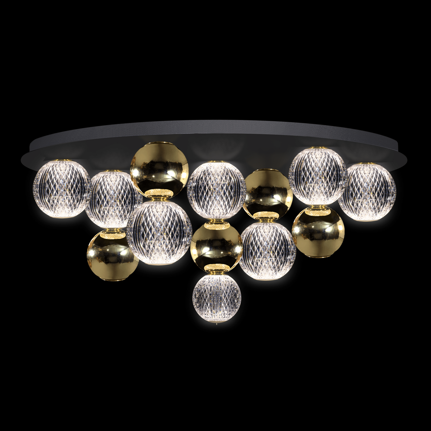 Diamante Embellished 7 Droplet Flush Black Ceiling plate with Gold Globes - MX21001002-7ABG