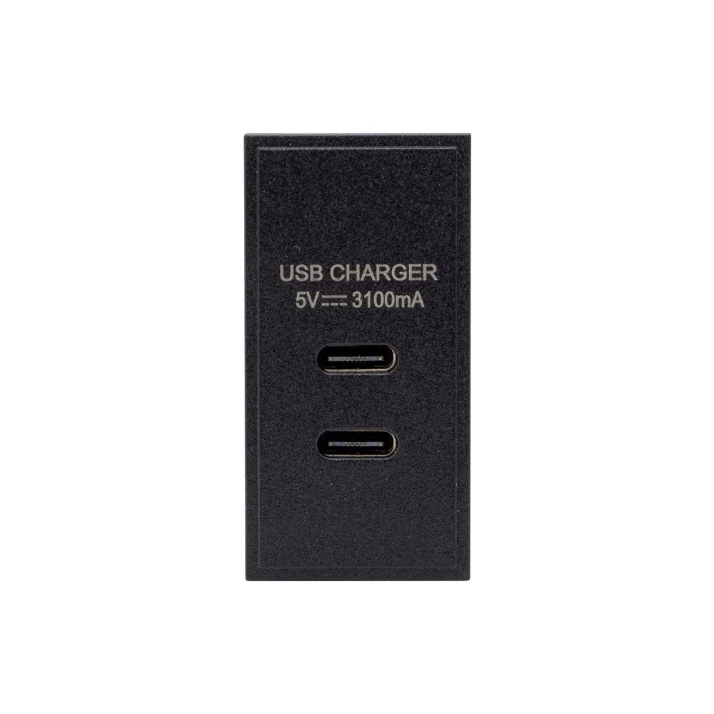 Soho Lighting Black Dual Fast Charge USB C+C Charger Euromodule 3.1A 25mmx 50mm