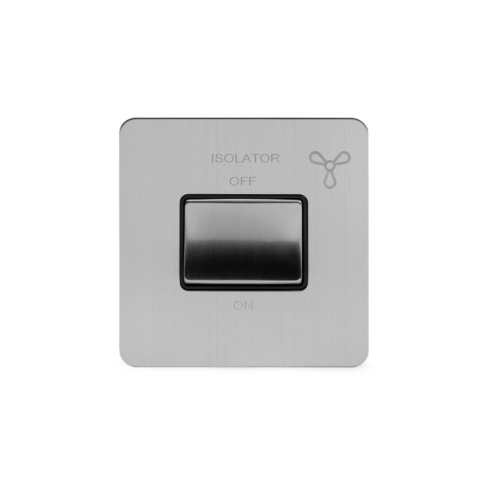 The Lombard Collection Brushed Chrome Flat Plate 10A 1 Gang 1 Way 3-Pole Extractor Fan Isolator Switch Blk Ins Screwless