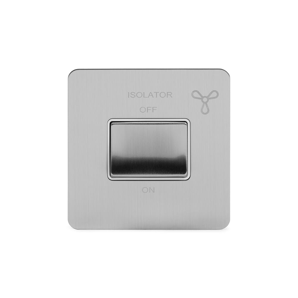 The Lombard Collection Brushed Chrome Flat Plate 10A 1 Gang 1 Way 3-Pole Extractor Fan Isolator Switch Wht Ins Screwless