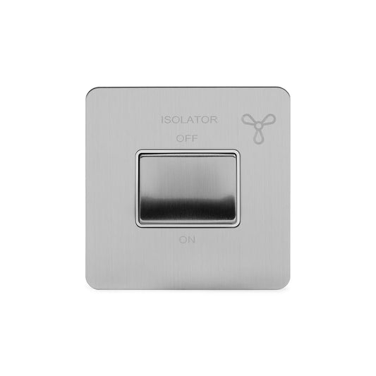 The Lombard Collection Brushed Chrome Flat Plate 10A 1 Gang 1 Way 3-Pole Extractor Fan Isolator Switch Wht Ins Screwless